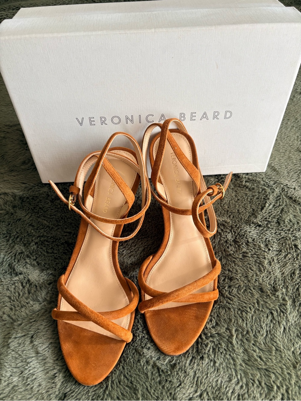 Veronica Beard Manuela Cognac Suede Ankle-Strap Wedge Sandals 7.5